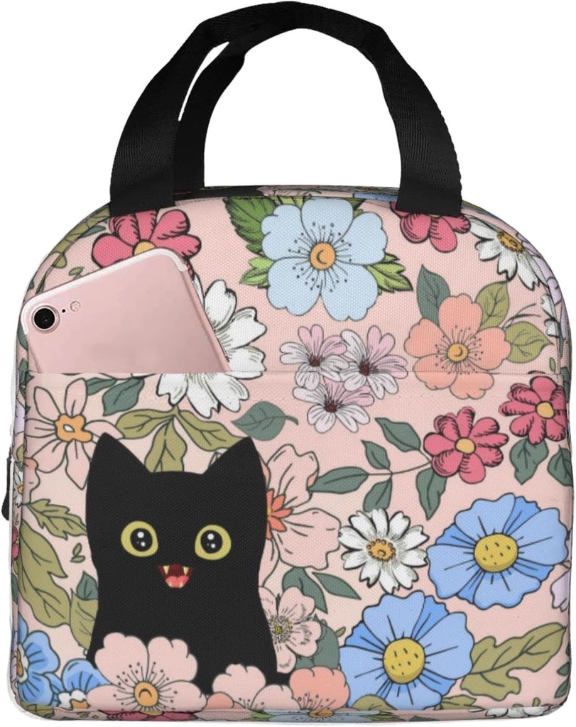 Black Cat Flower Lunch Box Insulated Totes Lunch Bag Thermal Cooler Lunchbox for Kids Teens Boy Girls Beach Travel Picnic