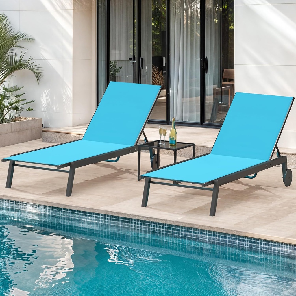 DWVO Outdoor Chaise Lounge Set, 2 Patio Chaise Lounge Chairs with Side Table, Textile Pool Loungers with 5-Level Backrest and Wheels for Beach, Lawn, Porch, Garden (Blue)