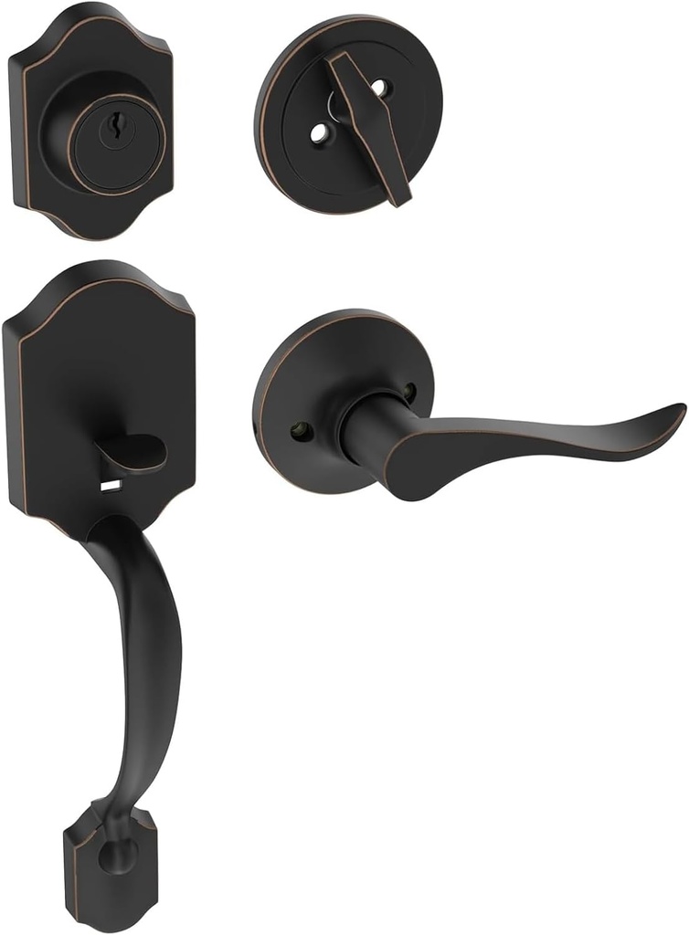 HOSOM Front Door Handle and Deadbolt Set, Front Door Lock Set with Reversible Handle Lever Entry Handleset Exterior with Single Cylinder Deadbolt, Reversible for Right and Left, Oil Rubbed Bronze