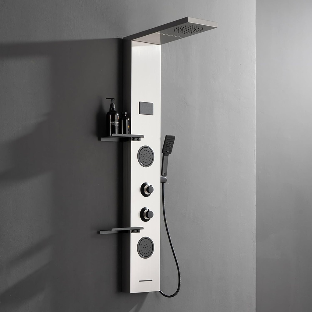 LED Brushed Nickel Shower Tower 304 Stainless Steel Shower Panels With Storage Shelf System with Rainfall Shower Head With Handheld Massage Body Jets Waterfall Bathtub Bathroom Lavatory