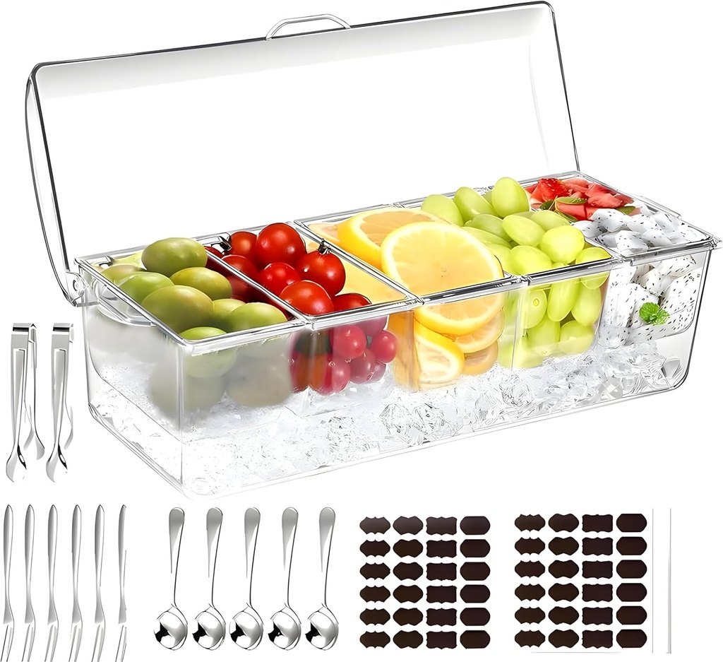 Large Ice Chilled Condiment Server Caddy with 5 Removable Compartments (2.5 Cup), Clear Garnish Tray with Lids – Fruit, Salad, Taco, Bar Platter – Including Free Stainless Steel Accesories