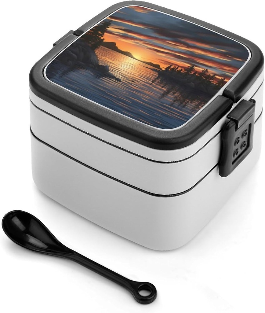 All-in-One Bento Box Stackable Leak-Proof Lunch Box With Carry Handle 2 Layer Portable Meal Prep Container Sunset on The Lake Lunchbox with Utensils for Dining Out Work, Black