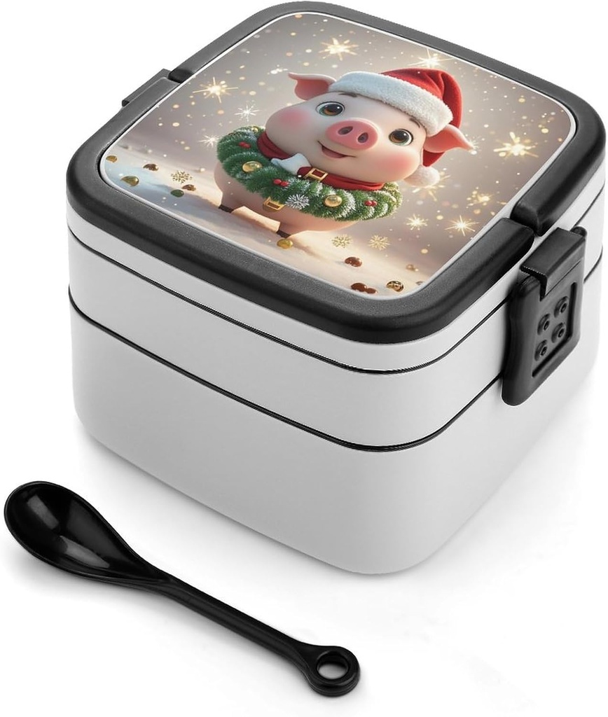 Christmas Hat Bento Box Double-Layer Bento Lunch Container with Spoon And Invisible Handle Adult Leak-Proof Lunchbox for Dining Out Work Picnics Travel