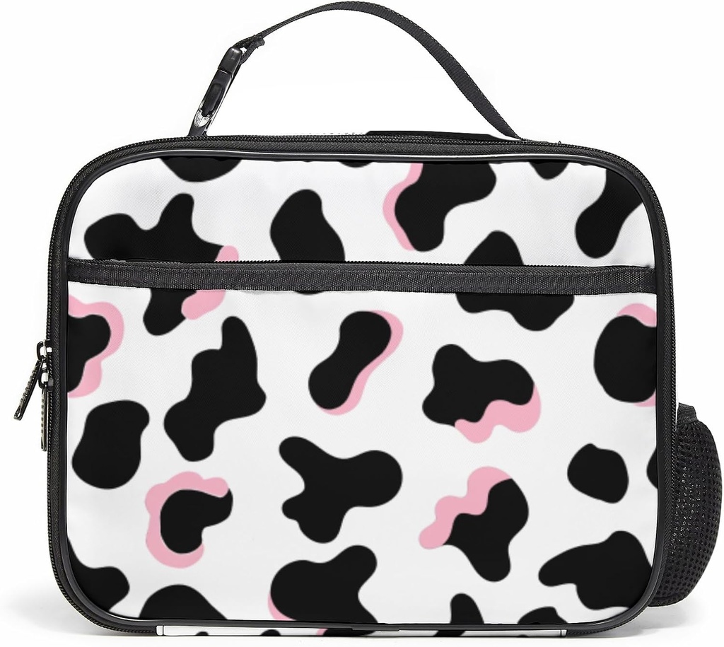 Kids Lunch bag, Insulated Lunch Box for Girls Cow Print Lunch Box with Water Bottle Holder Black Cute Lunch Totebag for Women School Work