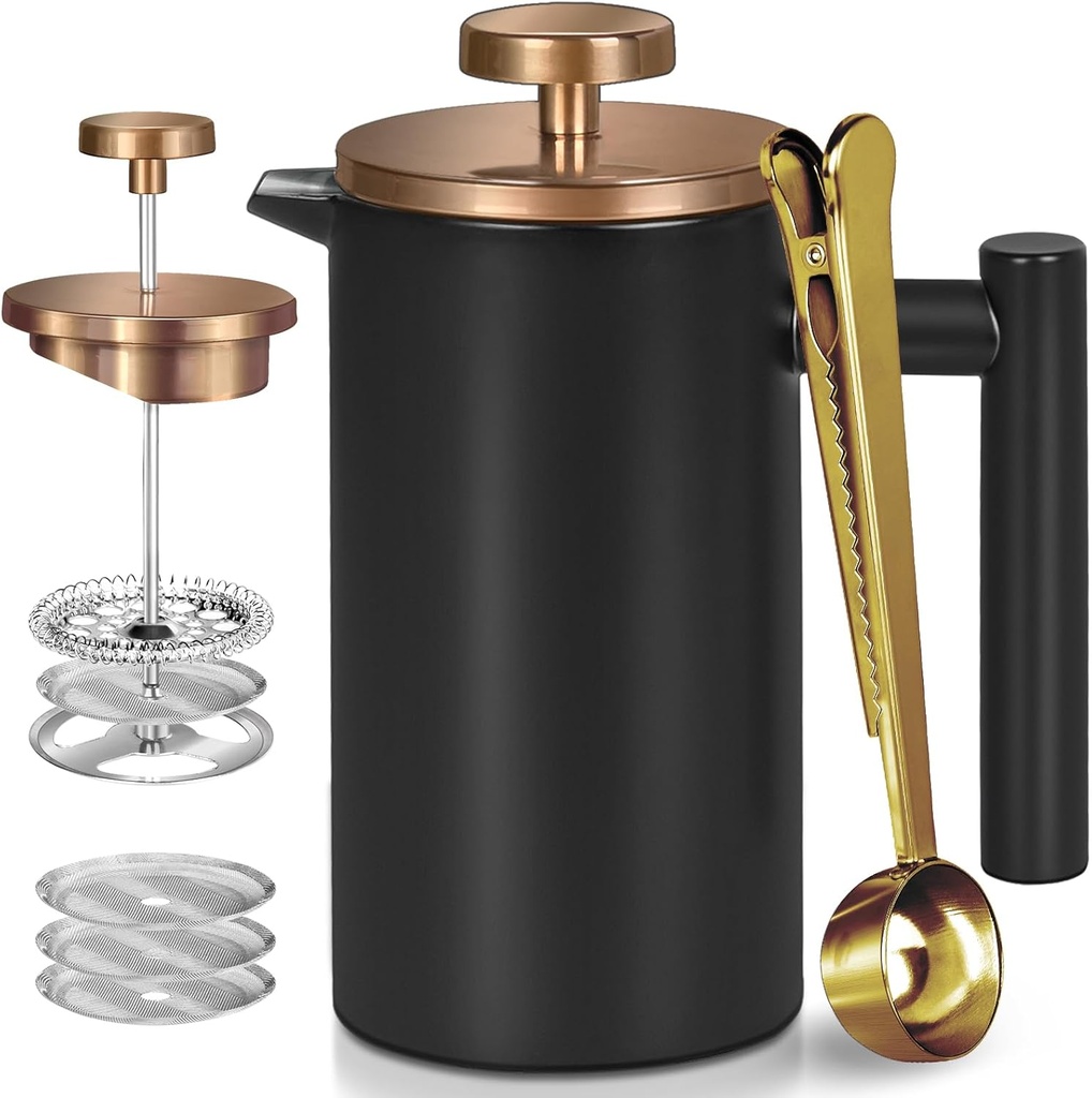 Black Stainless Steel French Press Coffee Maker, Double Wall Insulated French Press,for Coffee&Tea,with 3 Extra Screens and a Coffee Spoon,50oz/1500ml,Gold