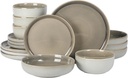 Gibson Elite Sunveil 16 Piece (Service for 4) Plates and Bowls Reactive Glaze Round Dishes Stoneware Ceramic Dinnerware Set -Taupe