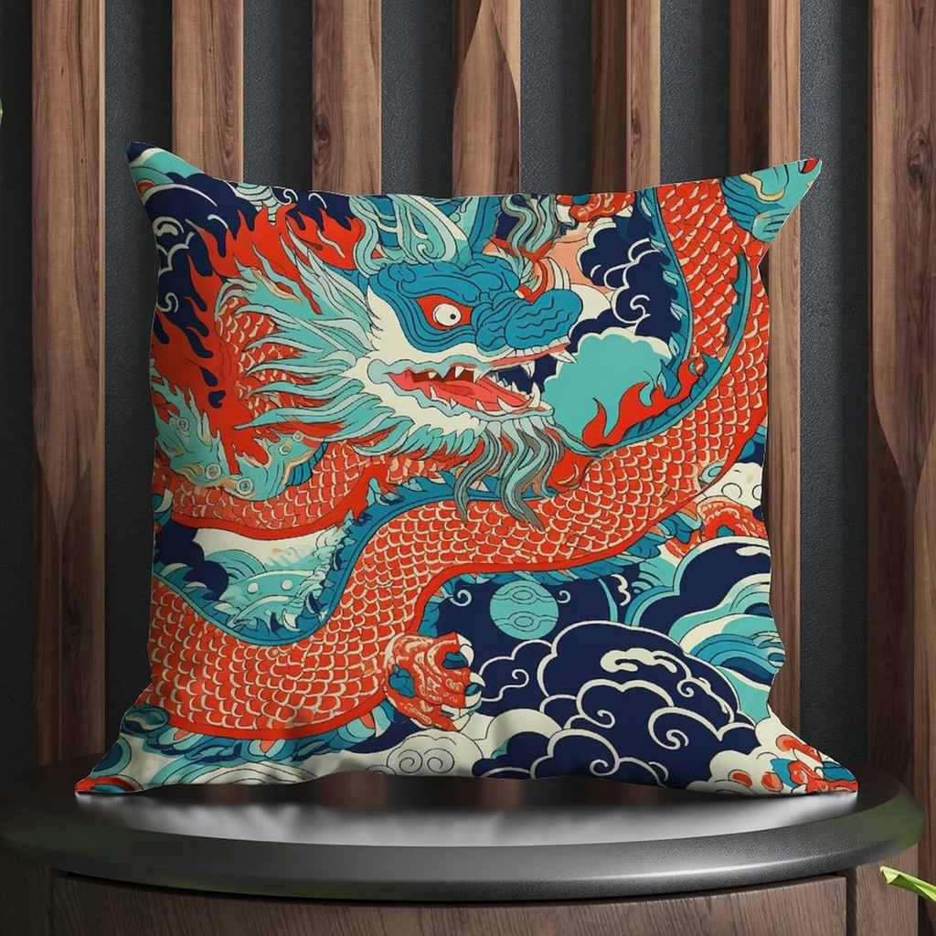 Chinoiserie Dragon Orange Navy Blue Turquoise Outdoor Throw Pillow Covers Imperial Dragon Waterproof Throw Pillowcase 18x18 in Classic Accent Pillowcase for Patio Furniture Tent Garden