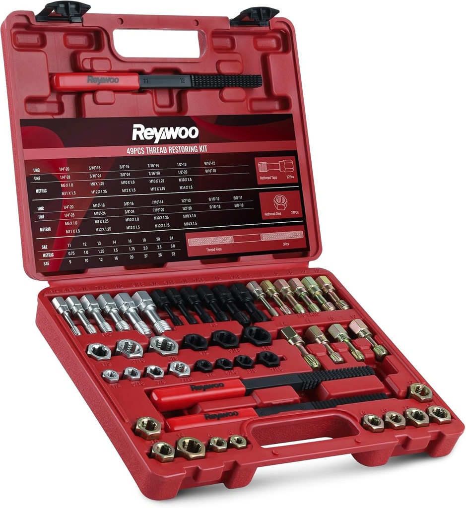 49 PC Thread Chaser Set, Metric and SAE Thread Restorer Tool with 22 Taps 24 Dies 3 Thread Files, Master Thread Cleaner Rethreading Kit in UNC UNF Metric Sizes
