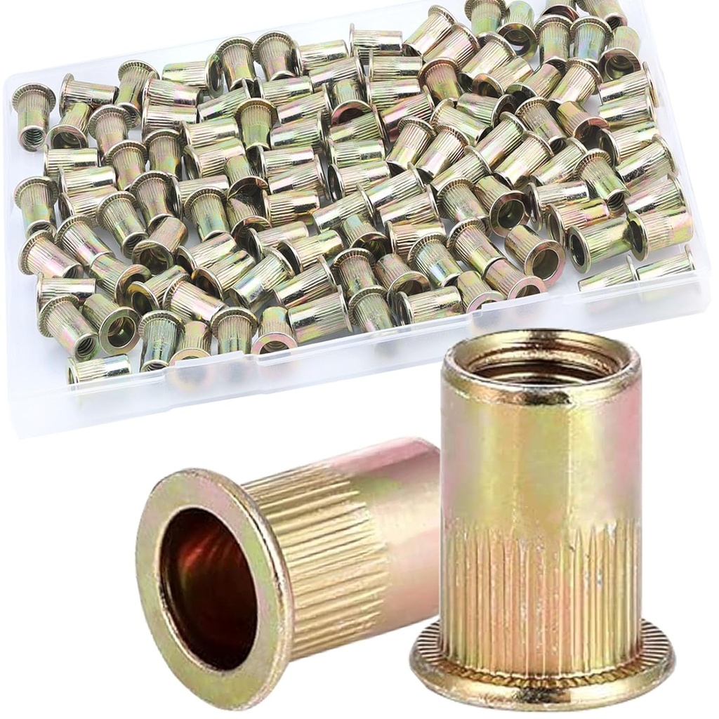 115Pcs M6 Rivet Nuts, Metric Zinc Plated Finish Carbon Steel Flat Head Threaded Insert Nutsert Kit