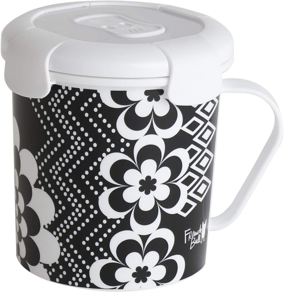 French Bull 23 oz Soup Mug With Handle and Vented Lid Food Storage-Cool Grip Leak Proof Dishwasher and Microwave Safe Lunch Travel Airtight (Mosaic B&W)