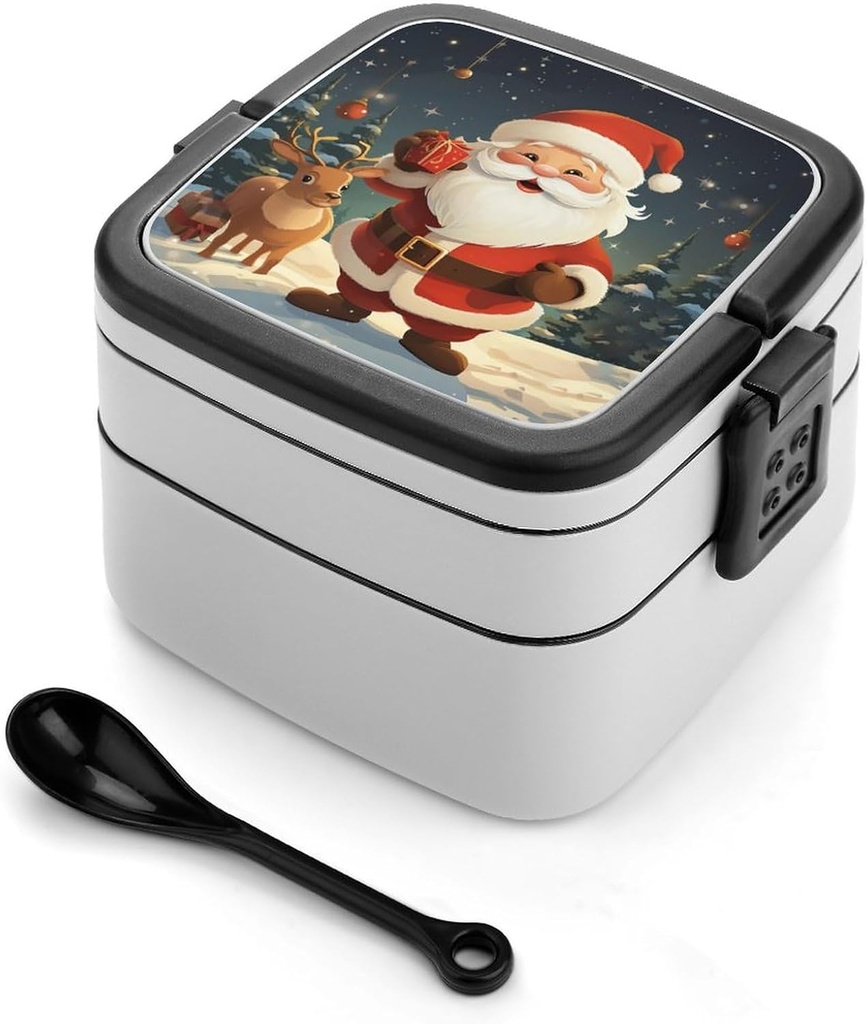Christmas Santa Claus Bento Box Double-Layer Bento Lunch Container with Spoon And Invisible Handle Adult Leak-Proof Lunchbox for Dining Out Work Picnics Travel
