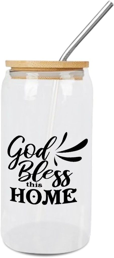 Quotes Glass Cups with Bamboo Lids And Straw 16 Oz, God Bless This Home Iced Tea Glasses Drinking Glasses Set Tumbler Glass Can Coffee Cups, Drinking Glassware