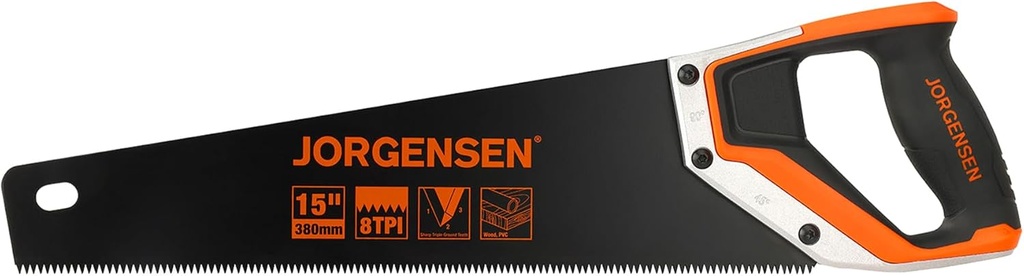 JORGENSEN 15” Hand Saw, Black Coated Coarse Handsaw 8TPI for Wood Cutting, Ergonomic Non-Slip Aluminum Handle for Sawing, Trimming, Gardening, Pruning, PVC