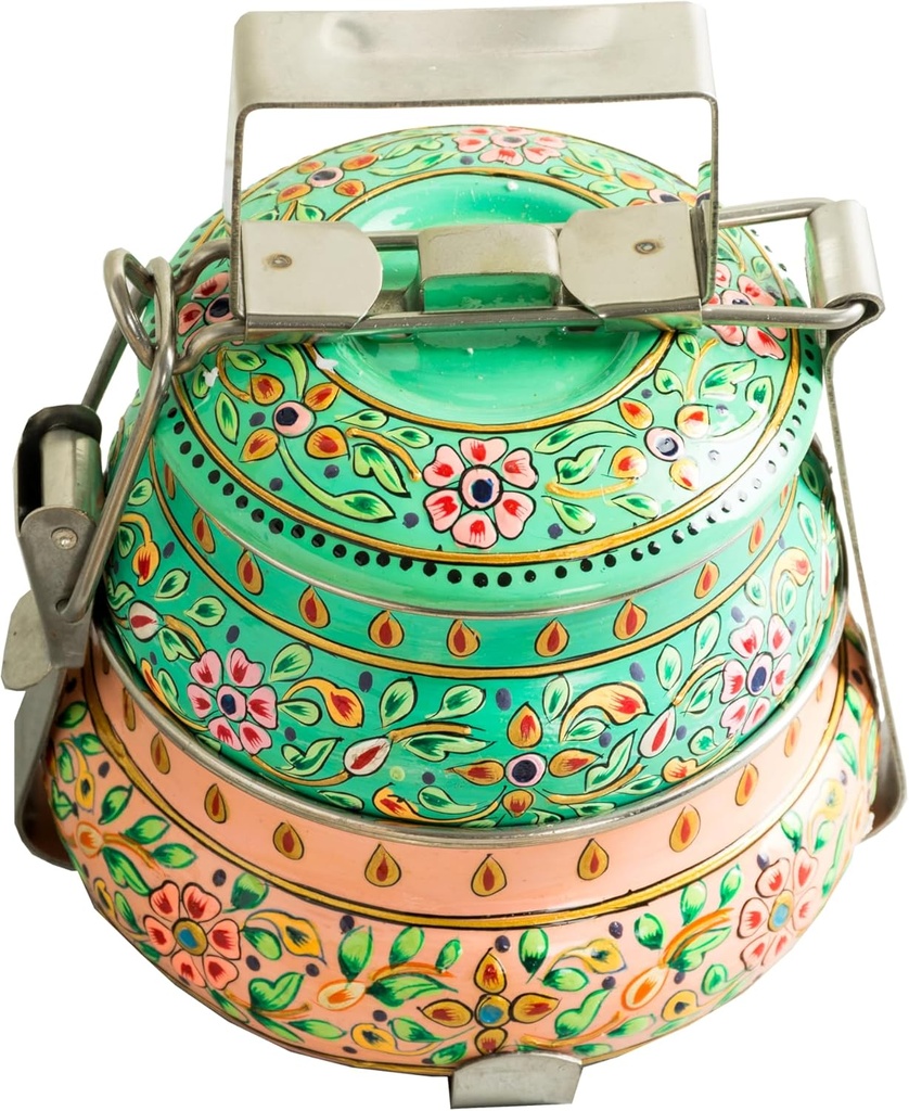 Handmade Stainless Steel Tiffin Box (Green top & Peach base, Two Tiers)