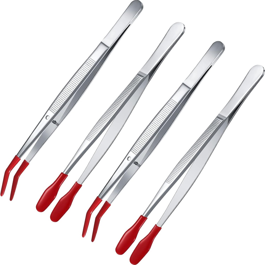 Honoson 4 Pieces Rubber Tipped Tweezers PVC Silicone Tip Tweezers Coated Flat and Bent Forceps for Lab Industrial Jewelry Craft Coin Stamp Tongs(Red)