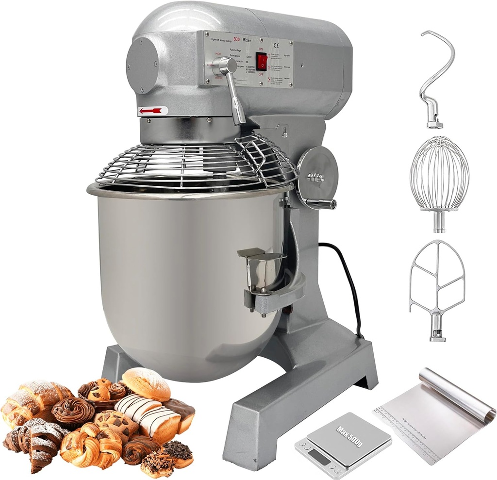 INTSUPERMA Commercial Food Mixer, 30L/30QT Electric Stand Mixer, Commercial Dough Mixer, Electric Food Dough Mixer Machine, Dough Kneading Machine, 3 Speeds with Hooks Whisk Beater, 110V 1250W