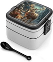 Stackable Double-Layer Bento Box Christmas Gift Reindeer Adults Lunchbox with Spoon Cute Japanese Bento Box Dishwasher Safe for Work Travel Dining Outc