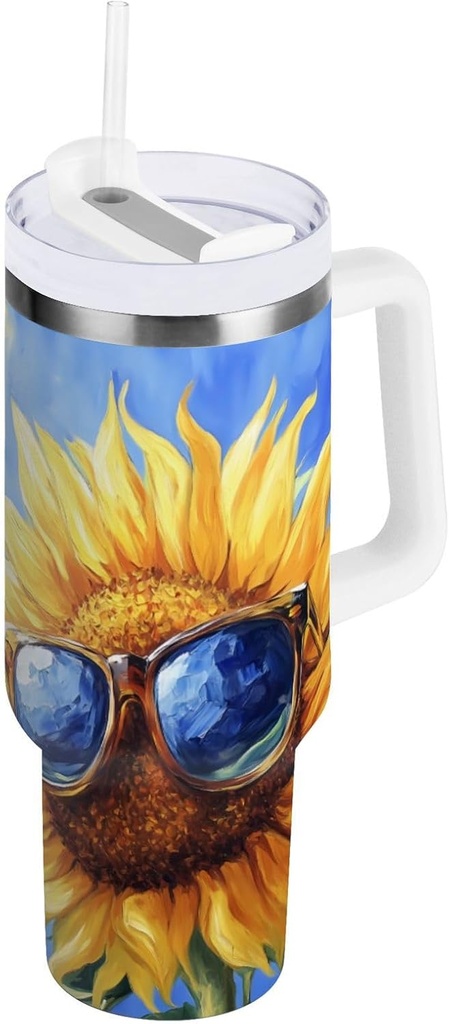 Blueangle 40oz Insulated Tumbler with Handle & Straw Lid - Leakproof Stainless Steel Travel Mug, Double-Wall Vacuum Oil Painting Sunflower Water Bottle（26）