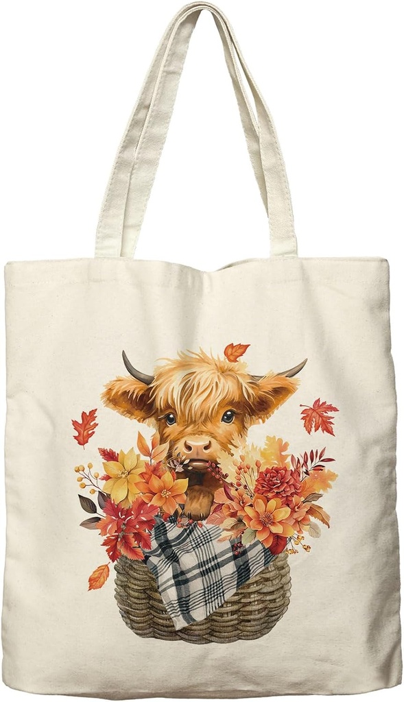 Dlzdn Fall Highland Cow Canvas Tote Bag For Women Aesthetic Shopping Grocery Bag Beach Bag Gifts for Women Teacher Bag Reusable Grocery Bag Thanksgiving Day Gift