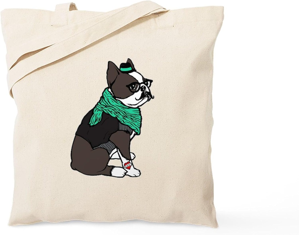 CafePress Hipster Boston Terrier Tote Bag Reusable Natural Beige Canvas Shopping Bag