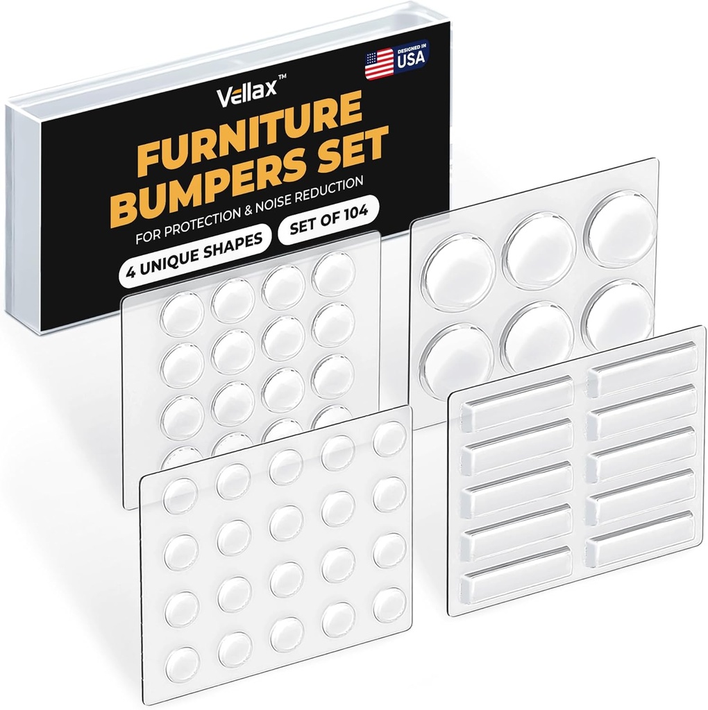 104 Clear Cabinet Bumper Pads – Self-Adhesive Silicone Buffer Set with 4 Shapes for Doors, Drawers & Furniture – Sound Dampening & Surface Protection