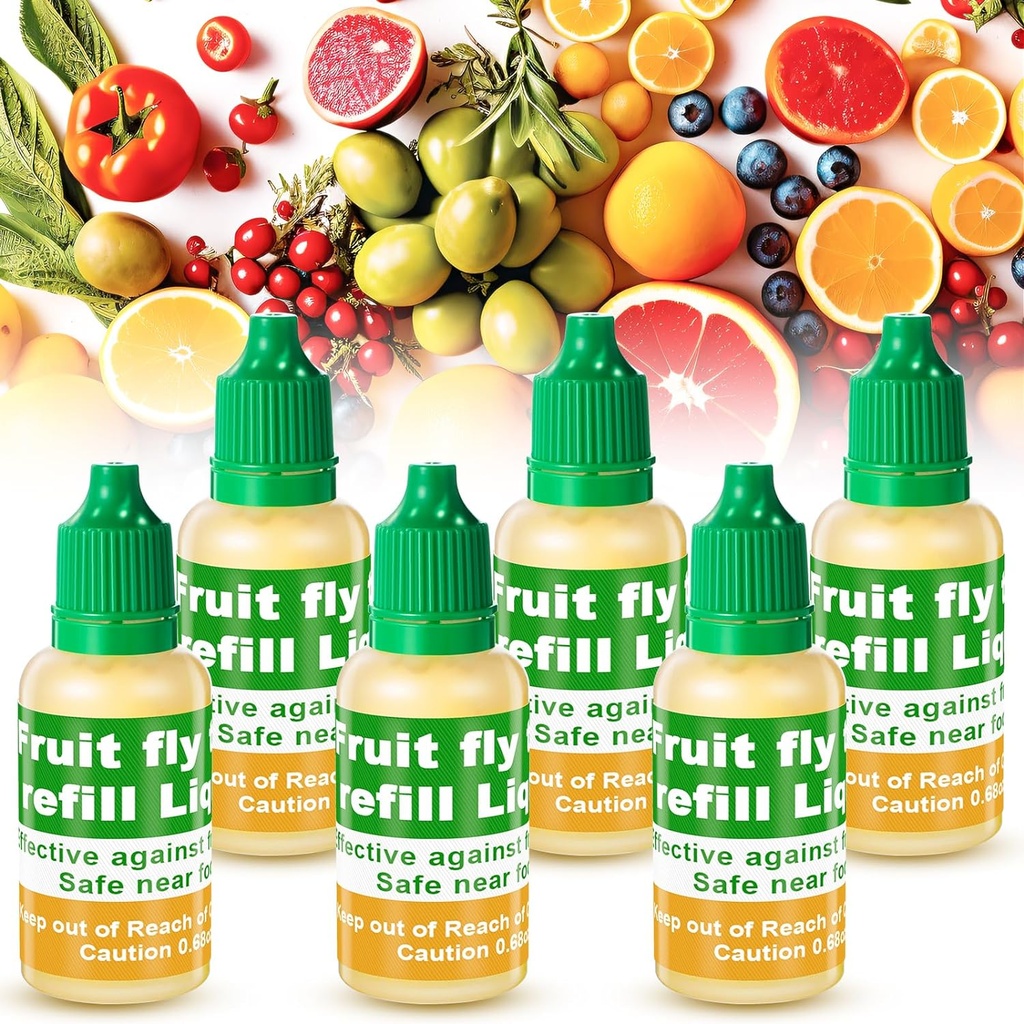 Qualirey 6 Pack Fruit Fly Trap Refill Liquid, 0.68oz Per Bottle Liquid Fruit Fly Traps for Indoors, Non Toxic Bait Safe Near Pets, Food and Kids, Lure Refill for Home Kitchen