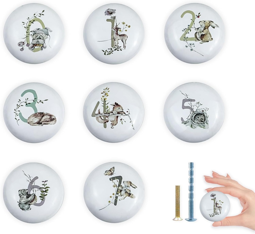 8Pack1.5 Ceramic Animal Cabinet Handle Knob Rabbit with Flowers Number Safari Animal Nursery Cabinet Room Drawer Knobs and Pulls