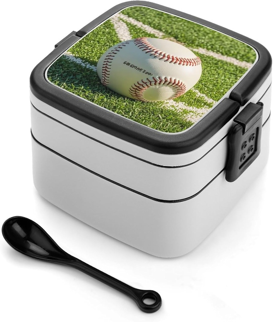 Green Baseball Field Backdrop Bento Box Double-Layer Bento Lunch Container with Spoon And Invisible Handle Adult Leak-Proof Lunchbox for Dining Out Work Picnics Travel