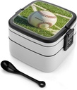 Green Baseball Field Backdrop Bento Box Double-Layer Bento Lunch Container with Spoon And Invisible Handle Adult Leak-Proof Lunchbox for Dining Out Work Picnics Travel