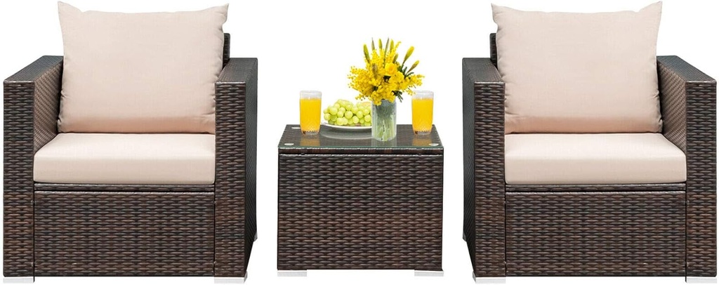 HAPPYGRILL 3PCS Patio Furniture Set with Coffee Table Outdoor Rattan Wicker Conversation Sofa Set with Washable Cushions for Garden Poolside