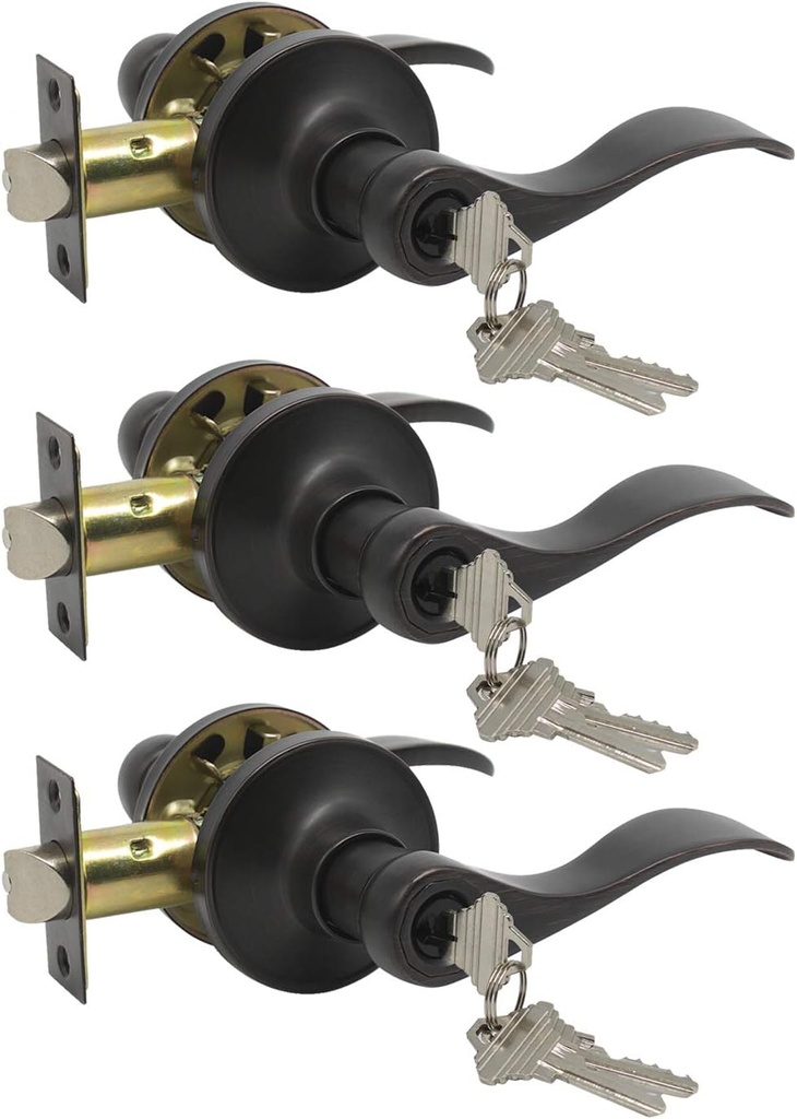 Gobrico Keyed-Alike Oil Rubbed Bronze Entry Door Locks Wave Handle Lever with Same Key, 3Pack