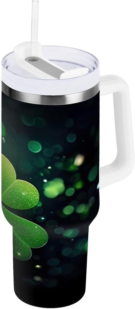 40 oz Green Clover Shamrock Tumbler with Handle, Insulated Sports Water Bottle with Lid and Straw, Thermal Stainless Steel Travel Coffee Mug Cup #26