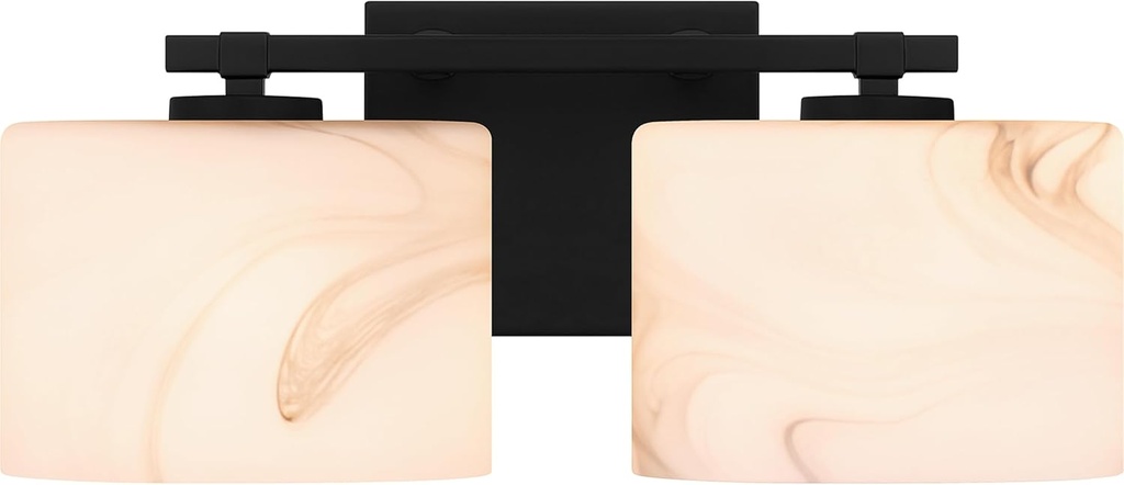 Quoizel Mather Bath Vanity Lights, 15 Inch 2-Light Lighting Fixtures Over Mirror, Matte Black with Marbled Glass Shade, 40W G9 Base Bulbs, Transitional Wall Mount Light for Bathrooms, Dresser or Sink