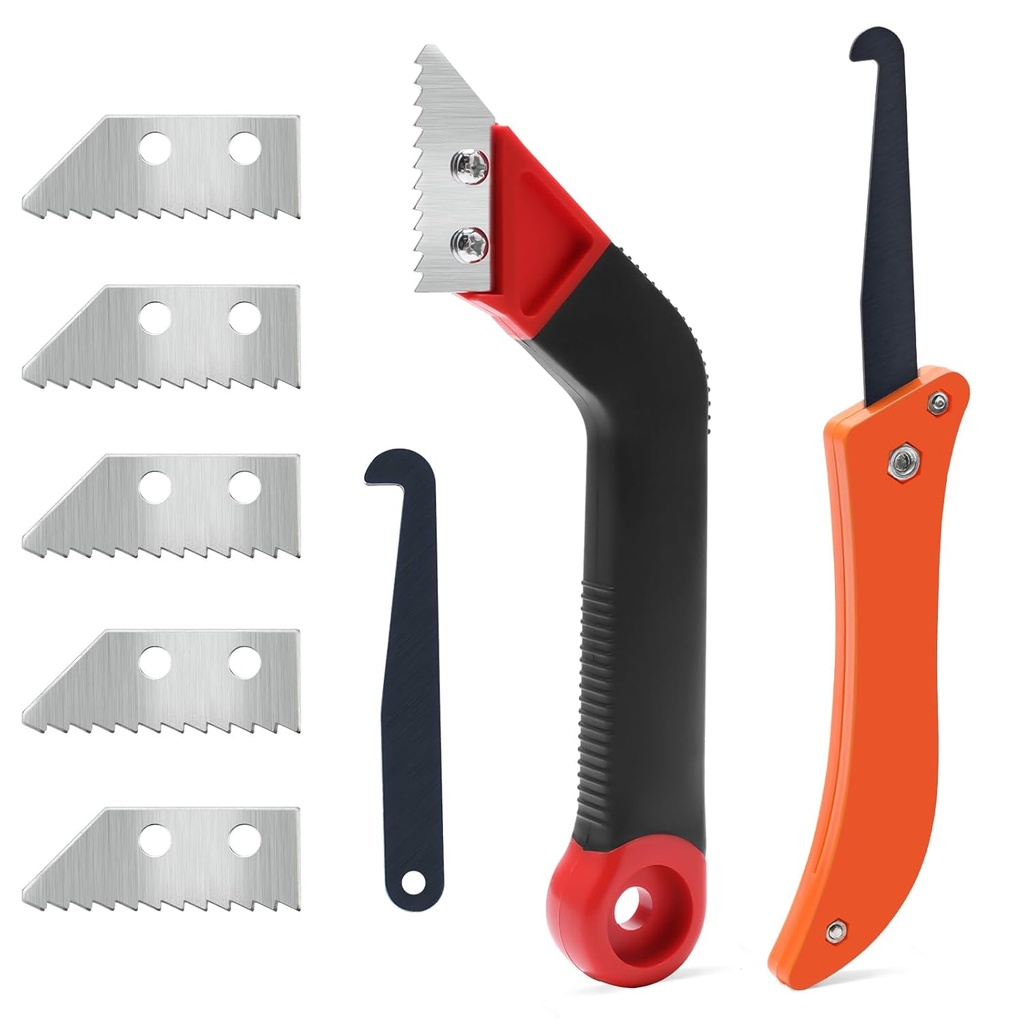 8PCS Grout Removal Tool Set, COITEK 1PCS Grout Scraping Rake with 5 PCS Extra Replacement Blades, 1PCS Grout Saw with 1P Grout Removal Knife for Tile Cleaning (Red+Black)