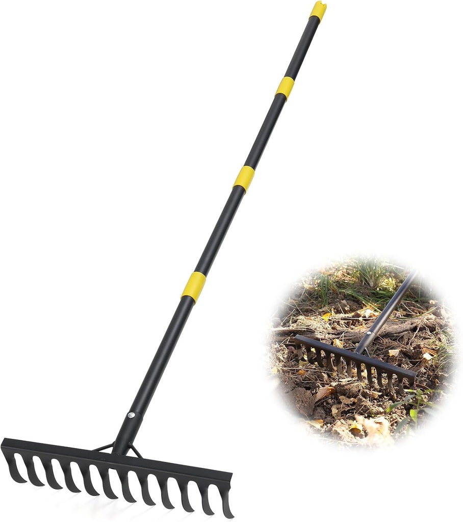 Garden Rake Heavy Duty, 74 Inch Metal Rake with 12 Tines, Bow Rake with Long Handle for Loosening Soil Leveling Lawn Farming Land, Black