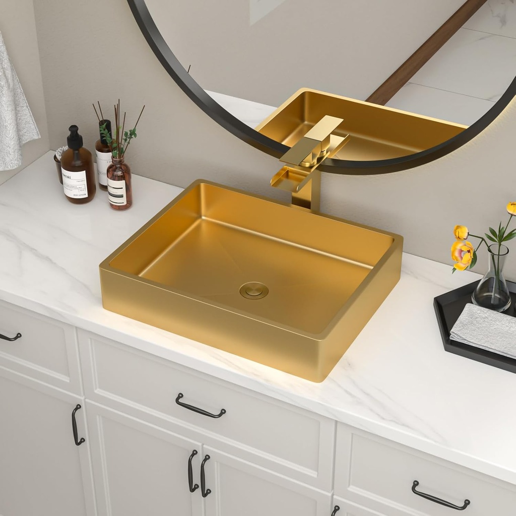 19" Gold Bathroom Vessel Sink, Lofeyo 19x15 Inch Gold Vessel Sink Stainless Steel Above Counter Bathroom Sink 16 Gauge Nano Titanium Plating Rectangle Vessel Sinks, LOF-BS1915G