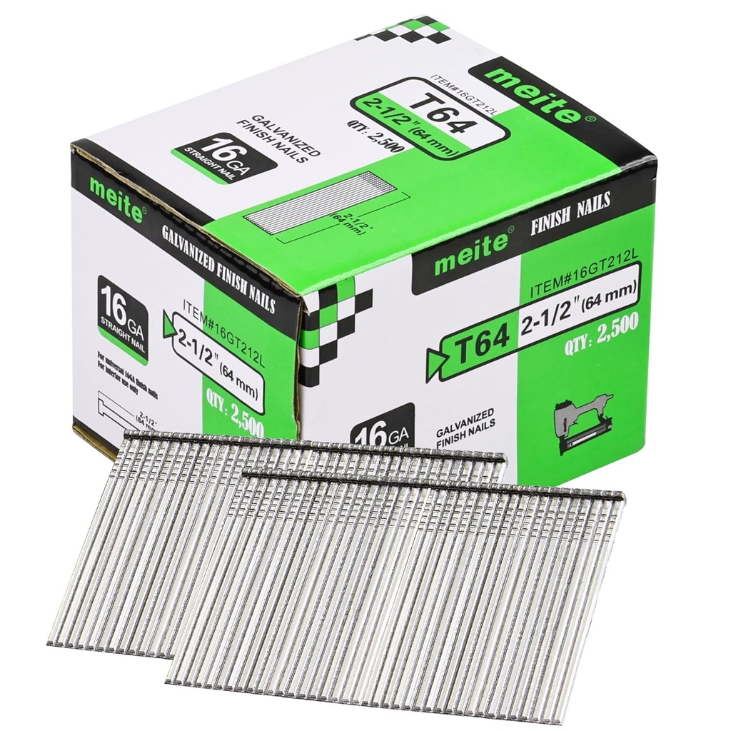 meite 16 Gauge Finish Nails, 2-1/2-Inch Galvanized 16GA Finish Nails, Small Straight Finishing Nail, Ideal for Woodworking, Upholstery, and Framing Projects (2,500 Counts)