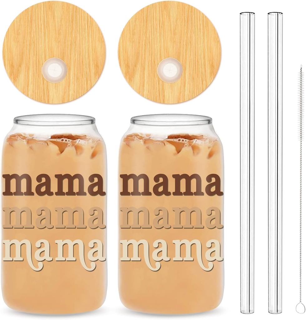Whaline Gifts for Mother from Daughter Boho Mama Drinking Glasses with Bamboo Lids and Straw 2Pcs Mothers Day Gift Ice Coffee Cup for Cocktails Whiskey Beer Soda Mother Gift