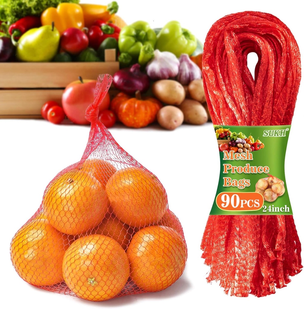 Sukh 90PCS Mesh Produce Bags - 24Inch Mesh Vegetable Bags Onion Storage Net Produce Seafood Net for vegetables Storage Fruits Seafood and Other Agricultural Products Red