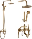 gotonovo Wall Mount Antique Brass 8’’ Round Shower Head Triple Function Exposed Pipe Shower System Mixer Shower Faucet Sets with 2 Lever Knobs Handheld Sprayer with Tub Spout