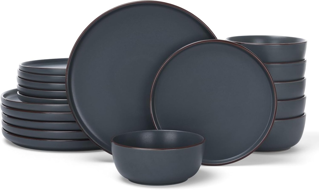 Famiware Mercury Plates and Bowls Sets, 18 Pieces Stoneware Dinnerware Sets, Dishes Set for 6, Microwave and Dishwasher Safe, Charcoal