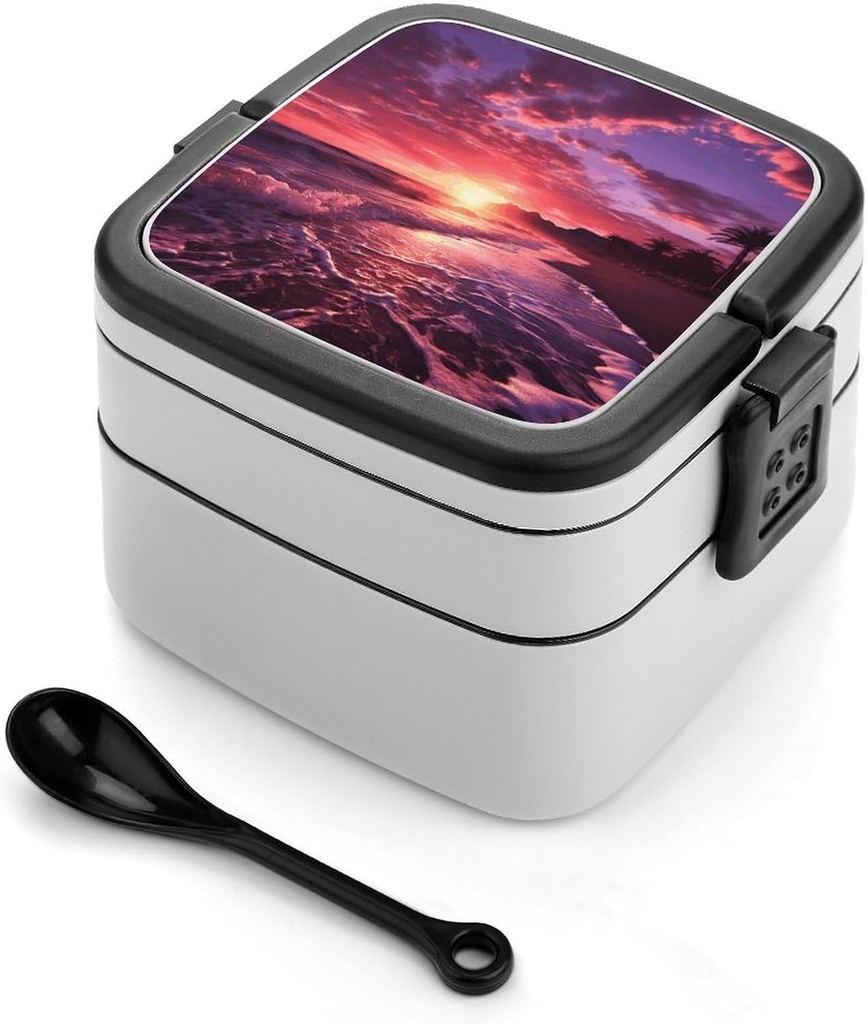 Stackable Double-Layer Bento Box Beach Sunset Adults Lunchbox with Spoon Cute Japanese Bento Box Dishwasher Safe for Work Travel Dining Outc