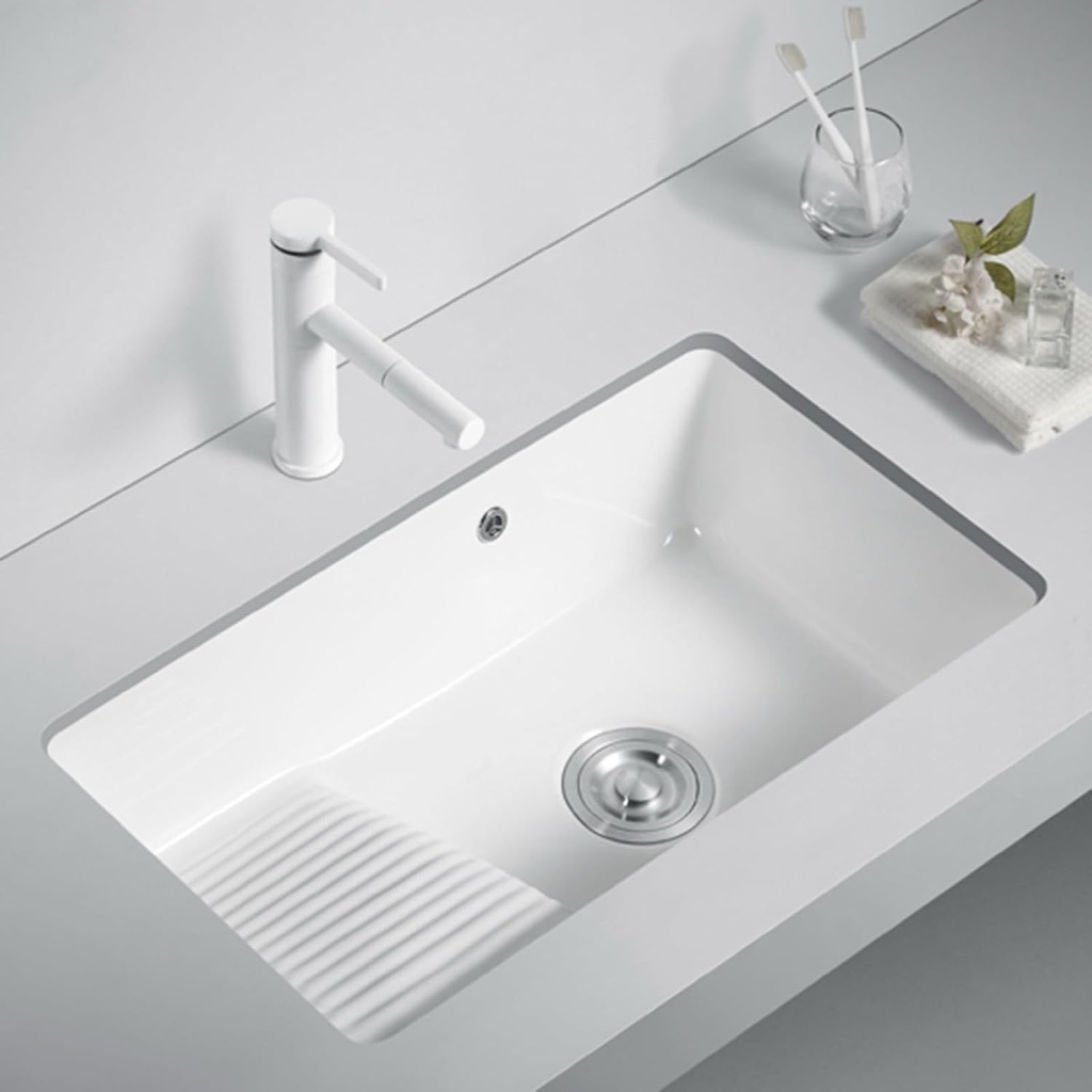 Rectangular Undemrount White Bathroom Ceramic Sink wiht Washboard Ceramic Laundry Lavatory Vanity Under Counter Bathrrom Sink with Overflow for laundry room, balcony, bathroom(68*40*21cm/26.8*15.7*8.3