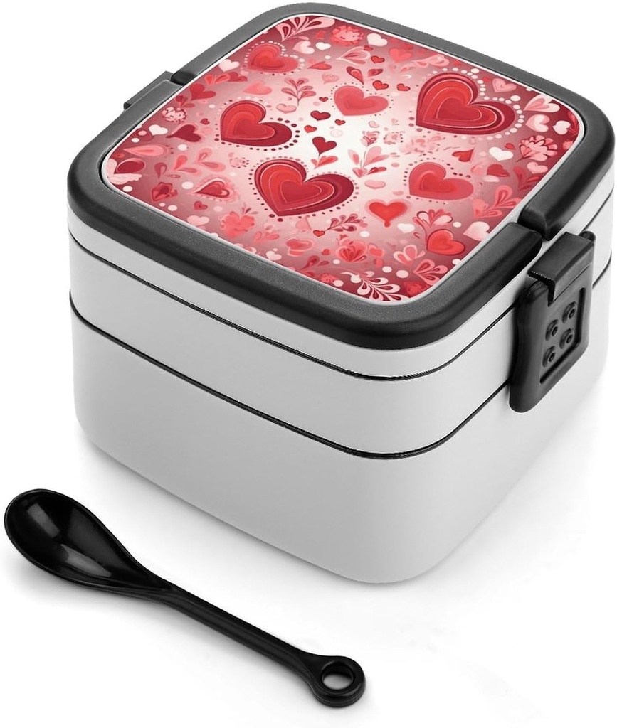 Stackable Double-Layer Bento Box Valentine Pattern Adults Lunchbox With Spoon Cute Japanese Bento Box Dishwasher Safe for Work Travel Dining Outc