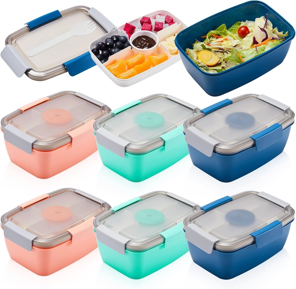 Tessco 6 Pcs Large Salad Container for Lunch 68 oz Salad Bowls Stackable Lunch Box Containers with 5 Compartment and Sauce Cups Spoons for Adults Meal Snack Food Dressing Fruit, Pink Green Blue