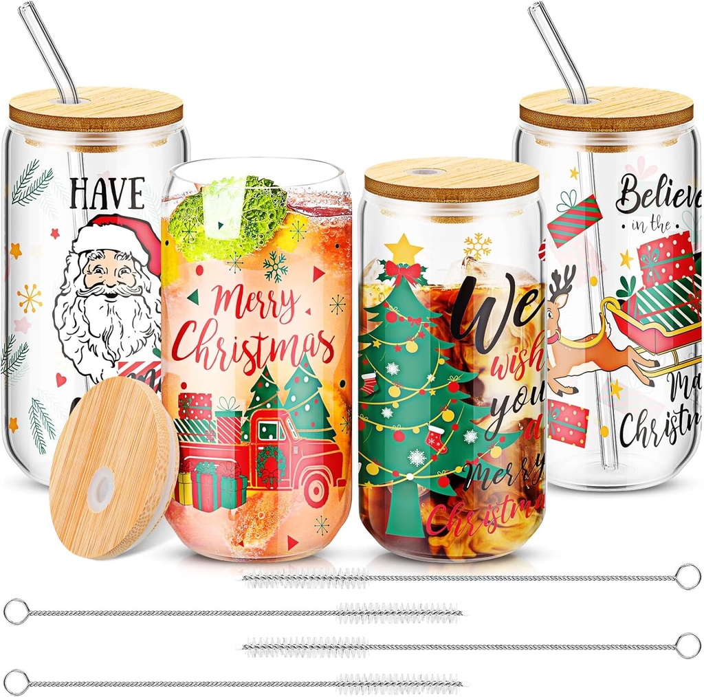 4 Pcs Christmas Glass Cups with Lids Straws Brushes, Ice Coffee Glasses 16 oz Christmas Mason Jars Gifts for Teacher Nurse Friends Women Kids Men Coffee Cups Tea Bubble Tea Juice