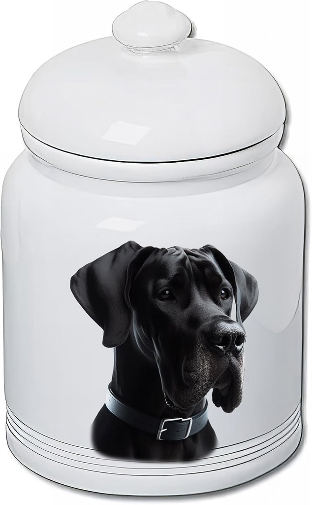 Best of Breed Great Dane Black Uncropped Dog and Cat Ceramic Treat Jar 9" Tall Air Tight Seal All White