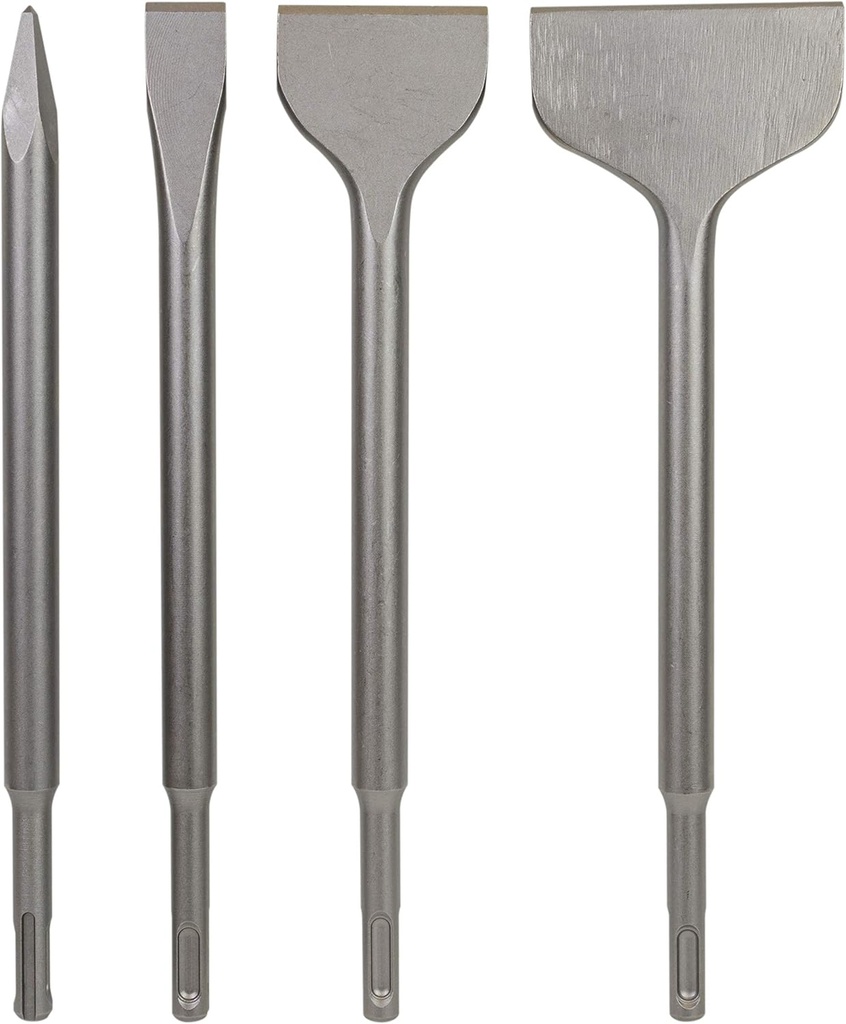 SDS Plus 4-Piece Chisel Set, Thinset Scraping Bit 3” x 10” Thinset Scaling Chisel, Point Chisel, Flat Chisel, Wide Chisel - SDS Chisel Bits for Hammer Drills – Tile Removal