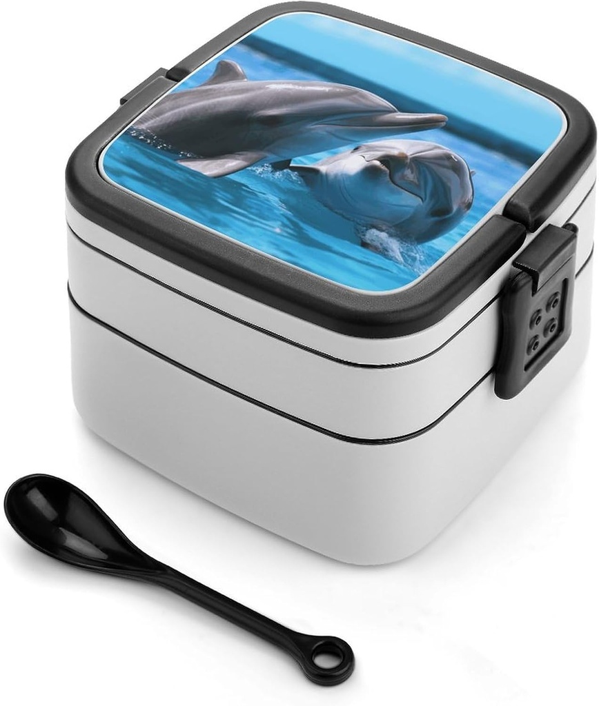 Stackable Double-Layer Bento Box Two Dolphins in The Water Adults Lunchbox with Spoon Cute Japanese Bento Box Dishwasher Safe for Work Travel Dining Outc