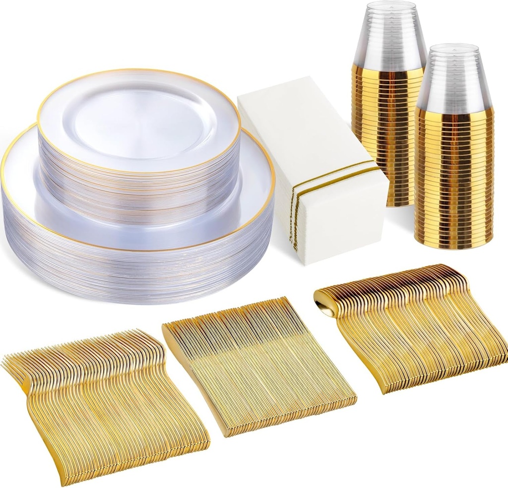 175 PCS Clear and Gold Plastic Plates, Plates Disposable Heavy Duty for 25 Guests, Disposable Plates for Party and Wedding, Party Plates and Cups and Napkins Sets, Plastic Plates Disposable